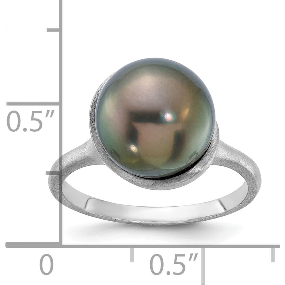 14K White Gold Brushed Pearl Ring with 10-11mm Round Black Tahitian Cultured Pearl by Monteluci Fine Jewelry