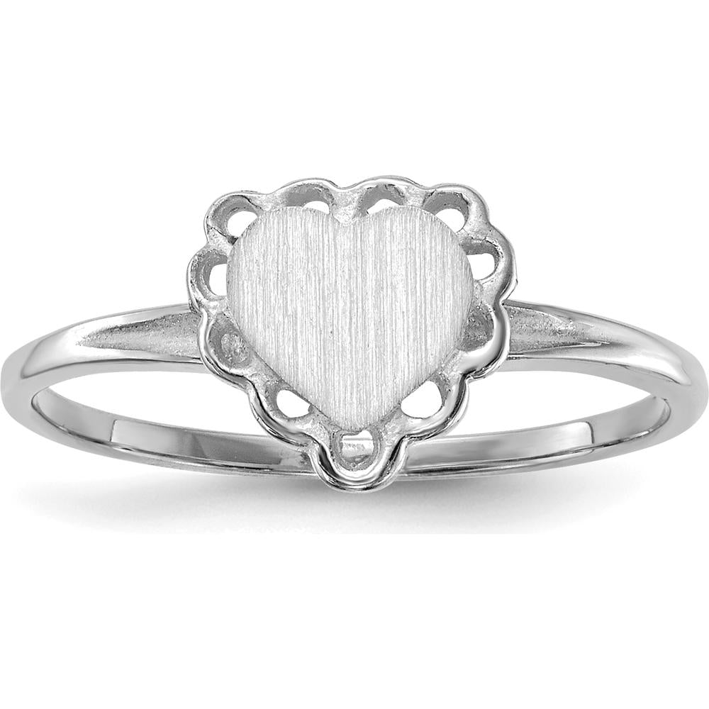 14K White Gold Brushed Satin Heart Signet Ring with Scalloped Open Back Design by 0