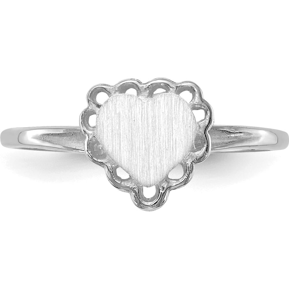 14K White Gold Brushed Satin Heart Signet Ring with Scalloped Open Back Design by 0