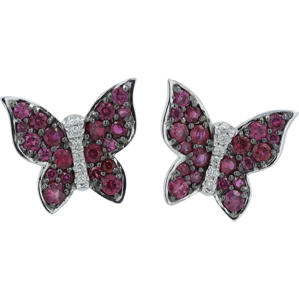 14K White Gold Butterfly Earrings with Pavé Set Rubies and Diamond Accents - 1.15 Carats Total Ruby Weight