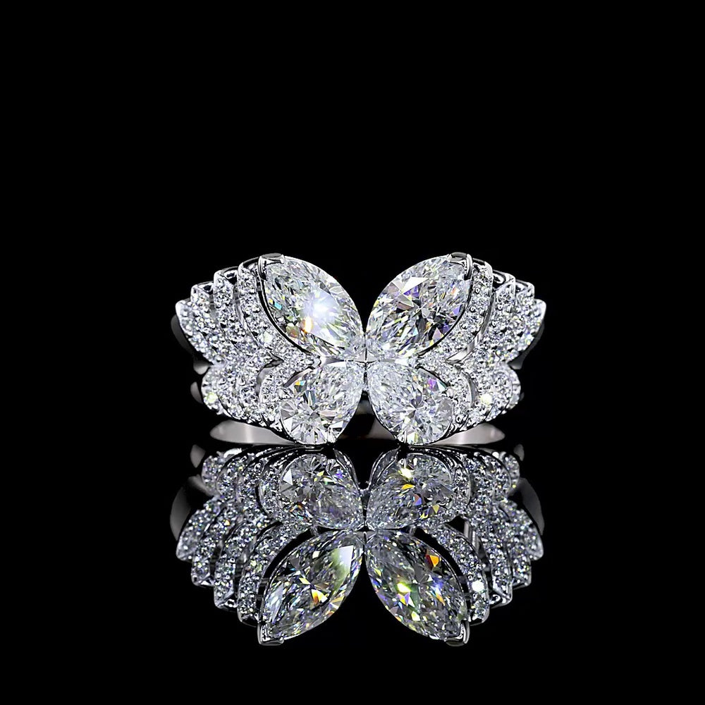 14K White Gold Butterfly Motif Special Ring with Inclined Marquise, Pear & Round Lab Diamonds - 1.84 Carats Total Diamond Weight - Covaloro Fine Jewelry