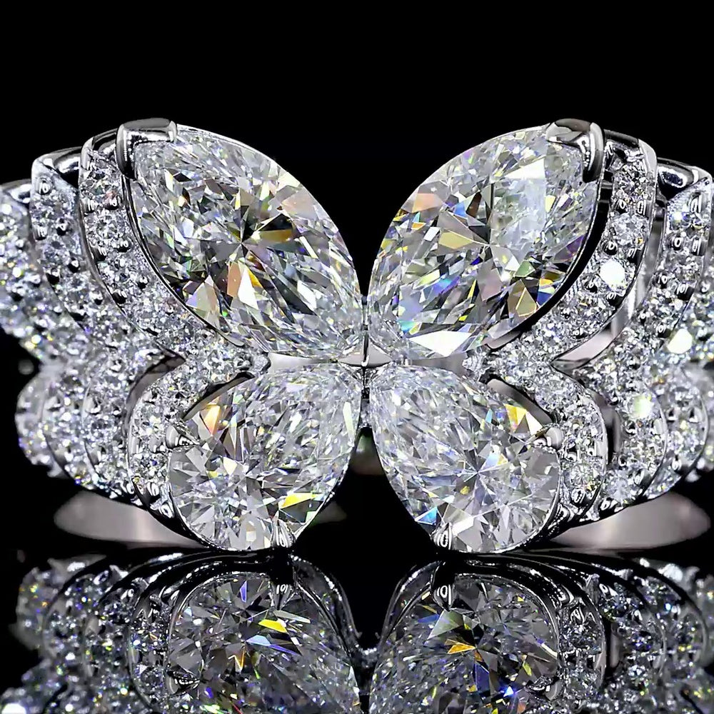 14K White Gold Butterfly Motif Special Ring with Inclined Marquise, Pear & Round Lab Diamonds - 1.84 Carats Total Diamond Weight - Covaloro Fine Jewelry