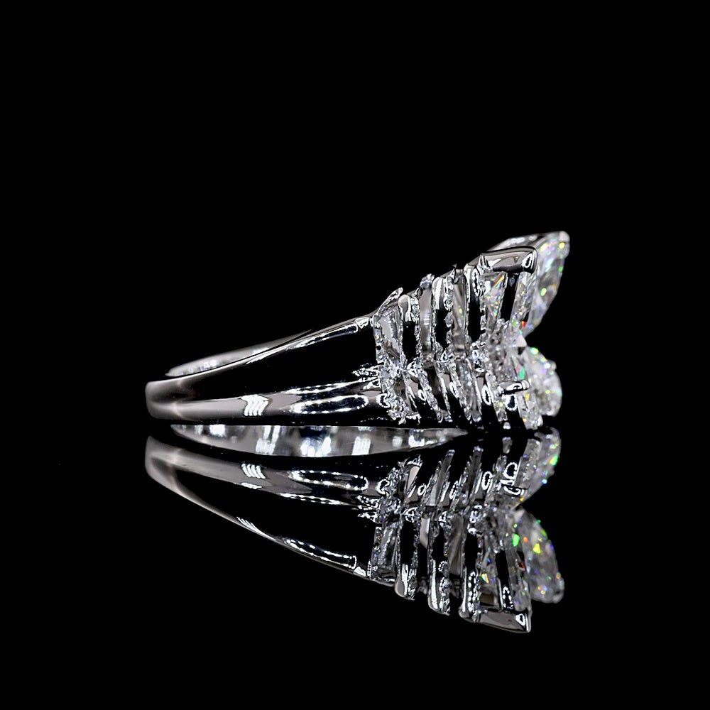14K White Gold Butterfly Motif Special Ring with Inclined Marquise, Pear & Round Lab Diamonds - 1.84 Carats Total Diamond Weight - Covaloro Fine Jewelry