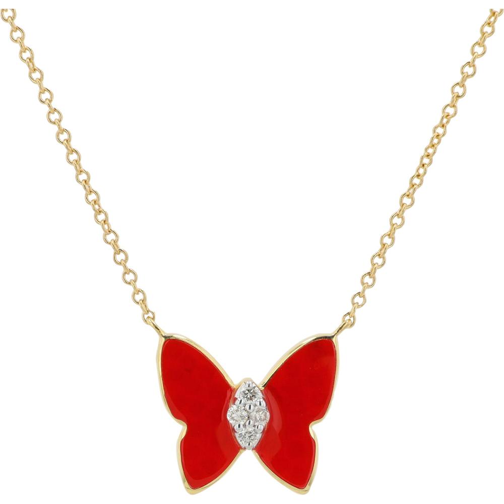 14K White Gold Butterfly Necklace with 0.05 Carats of Diamonds and Red Enamel Accent