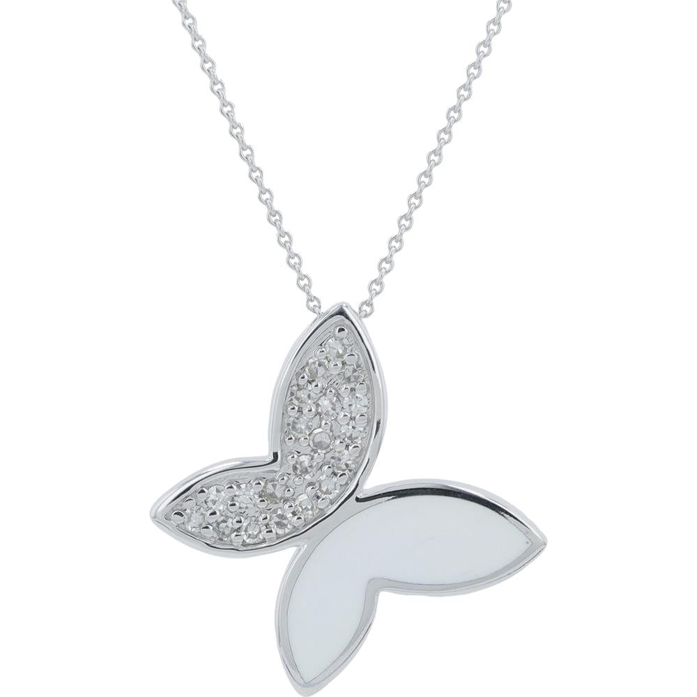 14K White Gold Butterfly Necklace with 0.16 Carat Diamonds & White Enamel