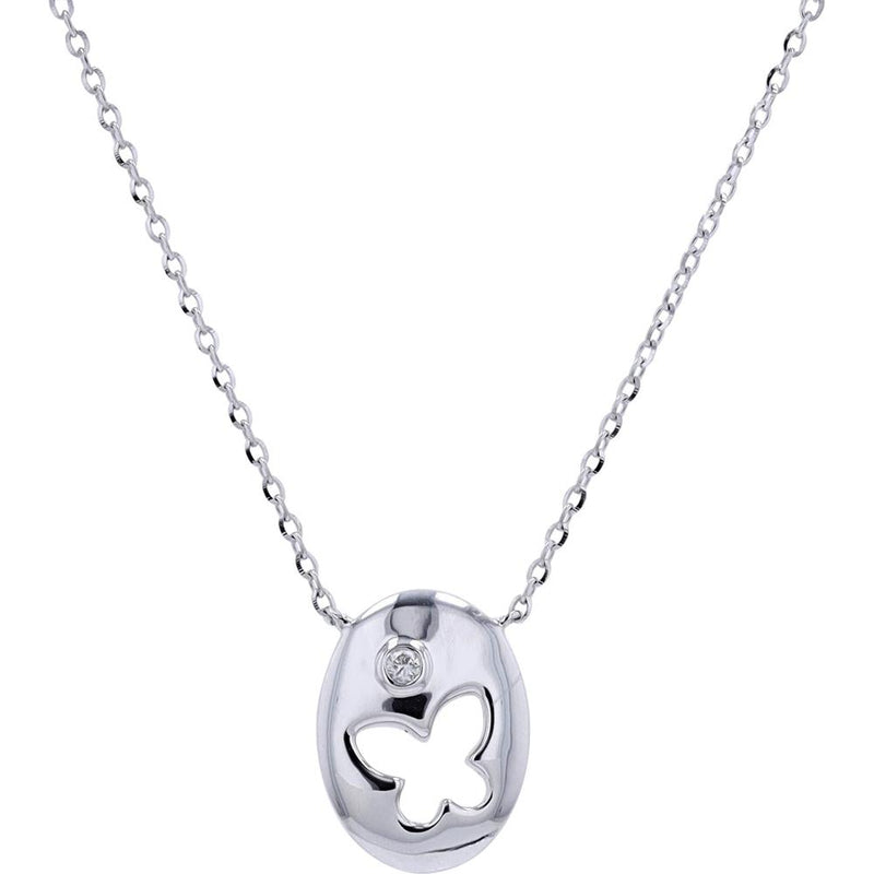 14K White Gold Butterfly Pendant Necklace with Bezel-Set Round Diamond - 0.012 Carats Total Diamond Weight