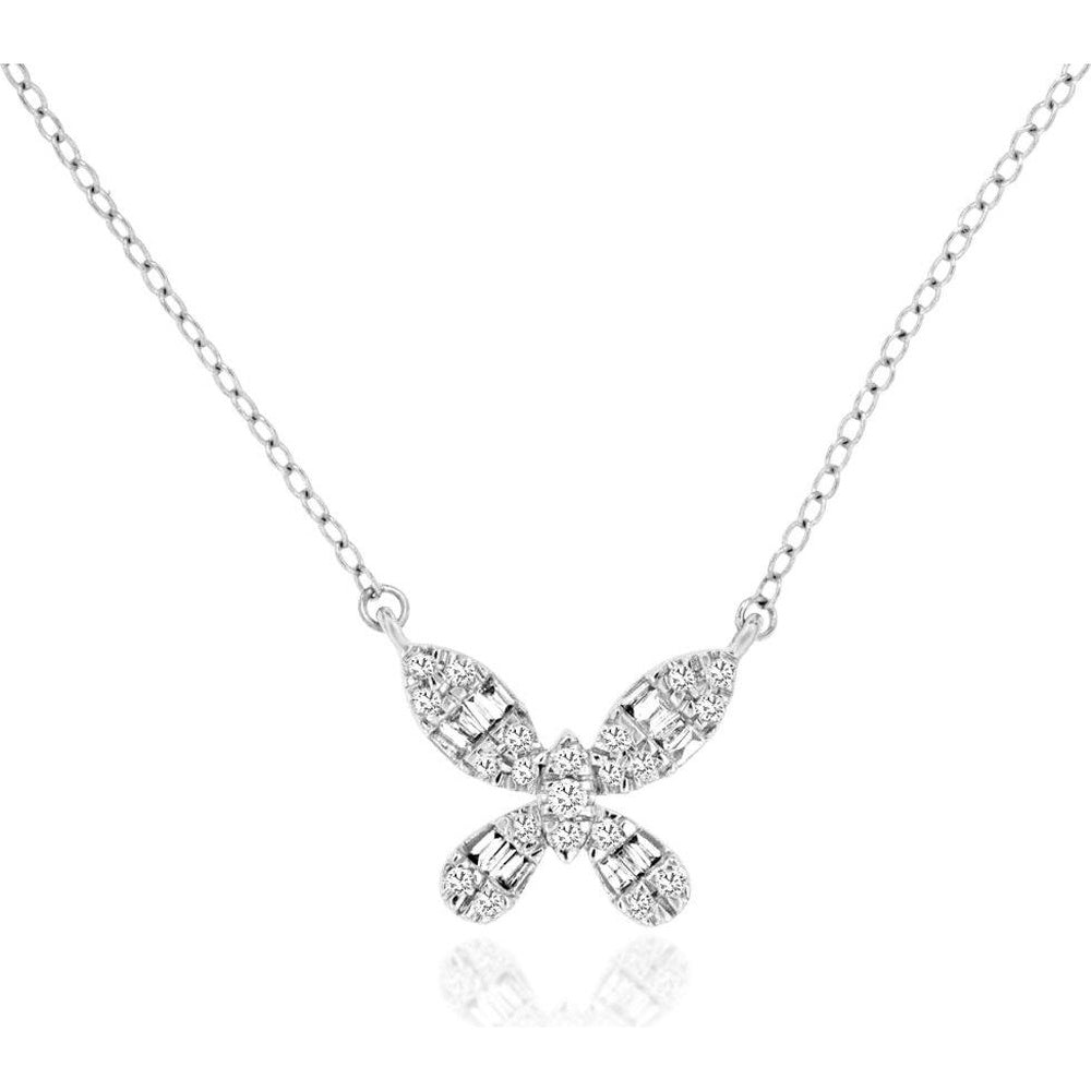 14K White Gold Butterfly Pendant Necklace with Pave Set Round and Baguette Diamonds - 0.15 Carat Total Diamond Weight - Royal Jewelry