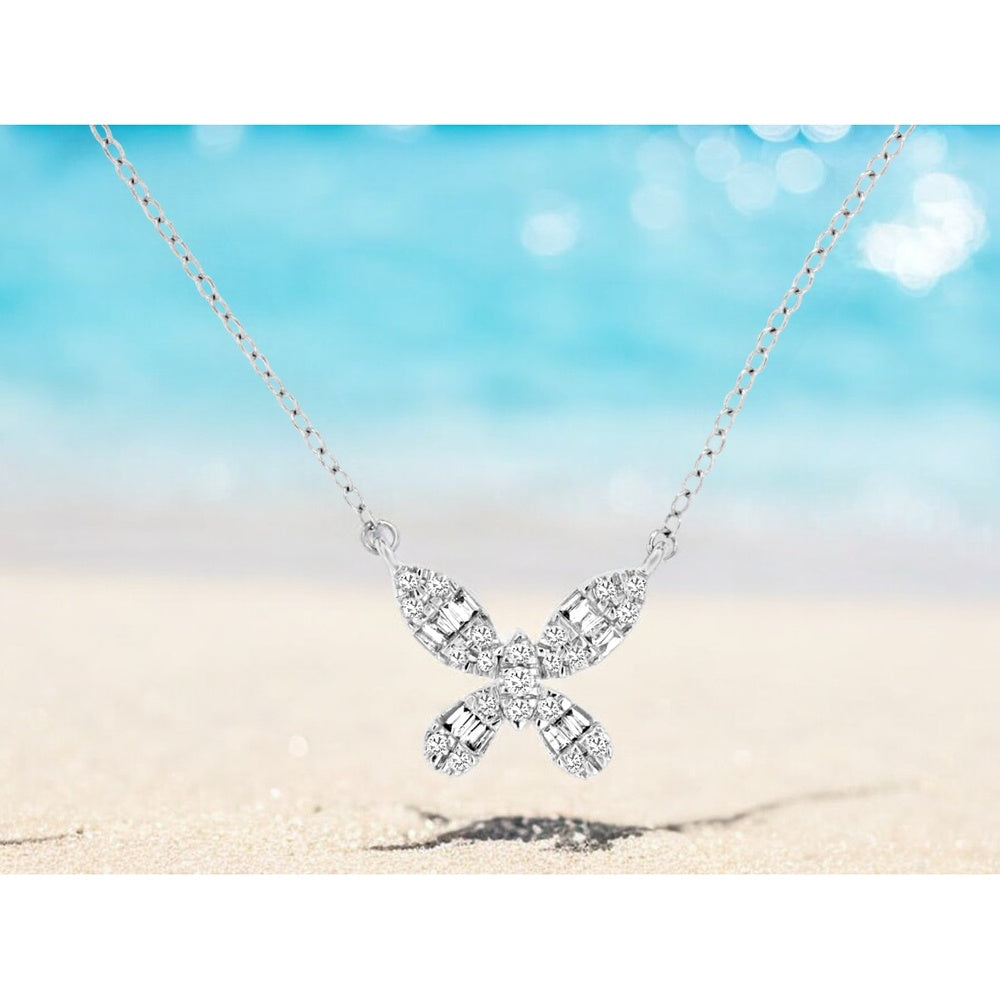 14K White Gold Butterfly Pendant Necklace with Pave Set Round and Baguette Diamonds - 0.15 Carat Total Diamond Weight - Royal Jewelry