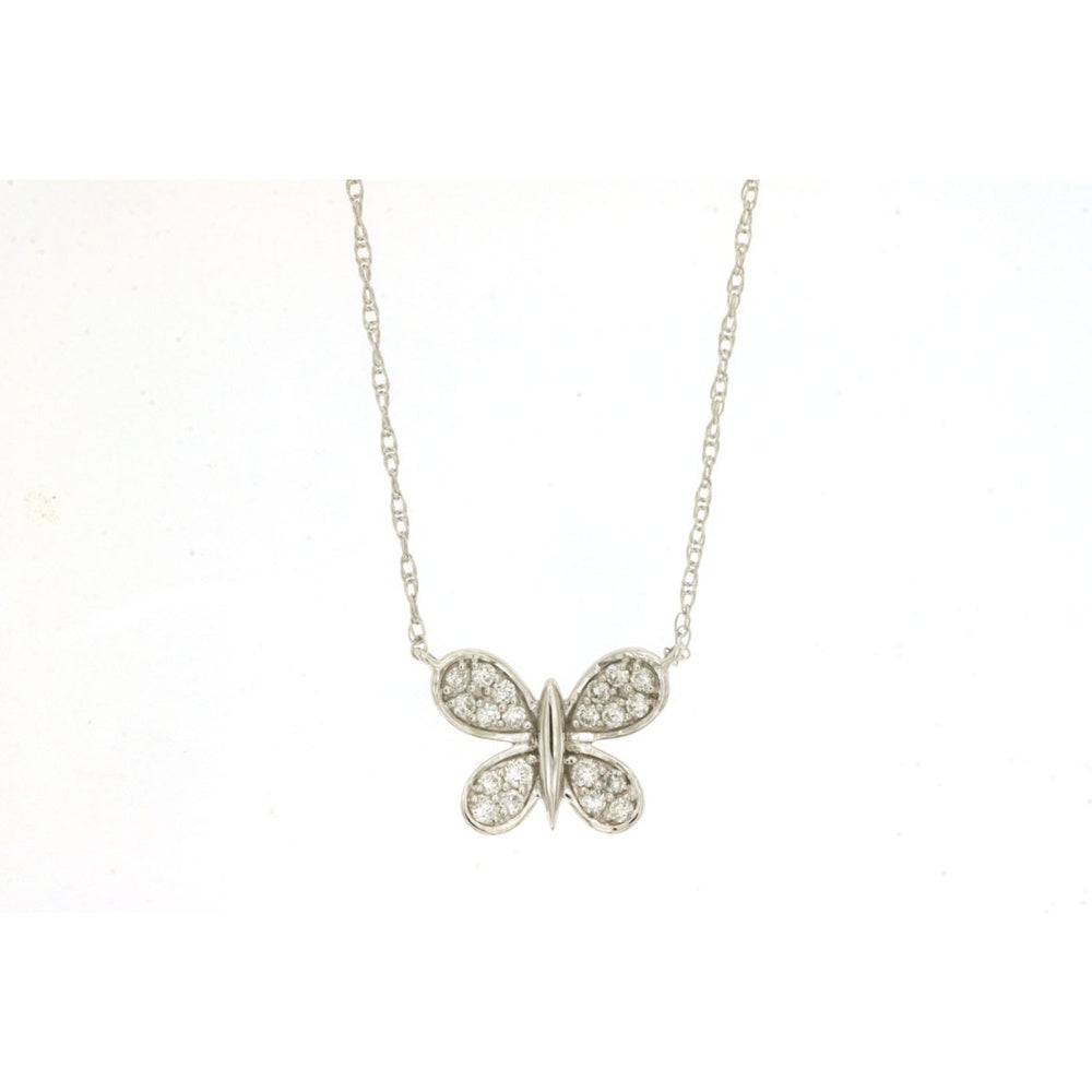 14K White Gold Butterfly Pendant Necklace with Pave-Set Round Diamonds - 0.15 Carat Total Diamond Weight - Royal Jewelry