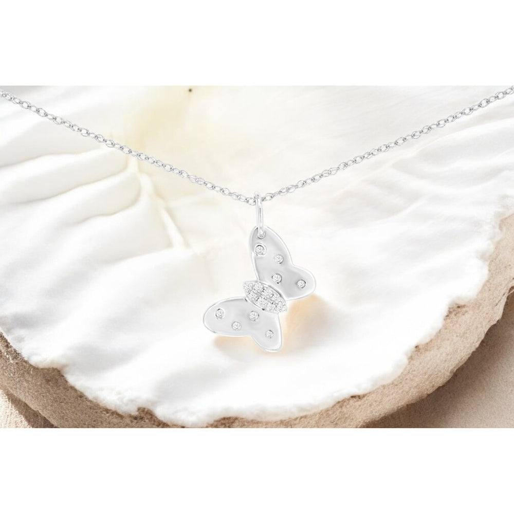 14K White Gold Butterfly Pendant with Bezel-Set and Pavé Round Diamonds - 0.05 Carat Total Diamond Weight - Royal Jewelry