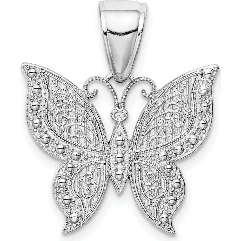 14K White Gold Butterfly Pendant with Textured Detailing and Rhodium Plating by Oro Pregiato