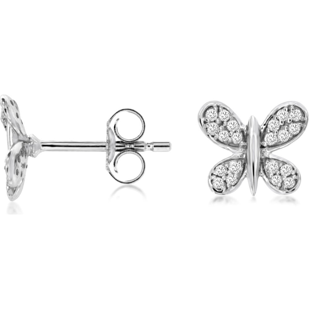 14K White Gold Butterfly Stud Earrings with Prong-Set Round Diamonds - 0.16 Carat Total Diamond Weight - Royal Jewelry