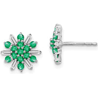 14K White Gold Button Earrings with Round Emeralds and Baguette Diamonds - 0.022 Carat Total Emerald Weight, 0.015 Carat Total Diamond Weight by Monteluci Fine Jewelry