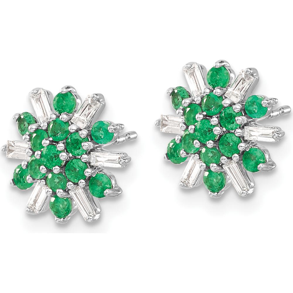 14K White Gold Button Earrings with Round Emeralds and Baguette Diamonds - 0.022 Carat Total Emerald Weight, 0.015 Carat Total Diamond Weight by Monteluci Fine Jewelry