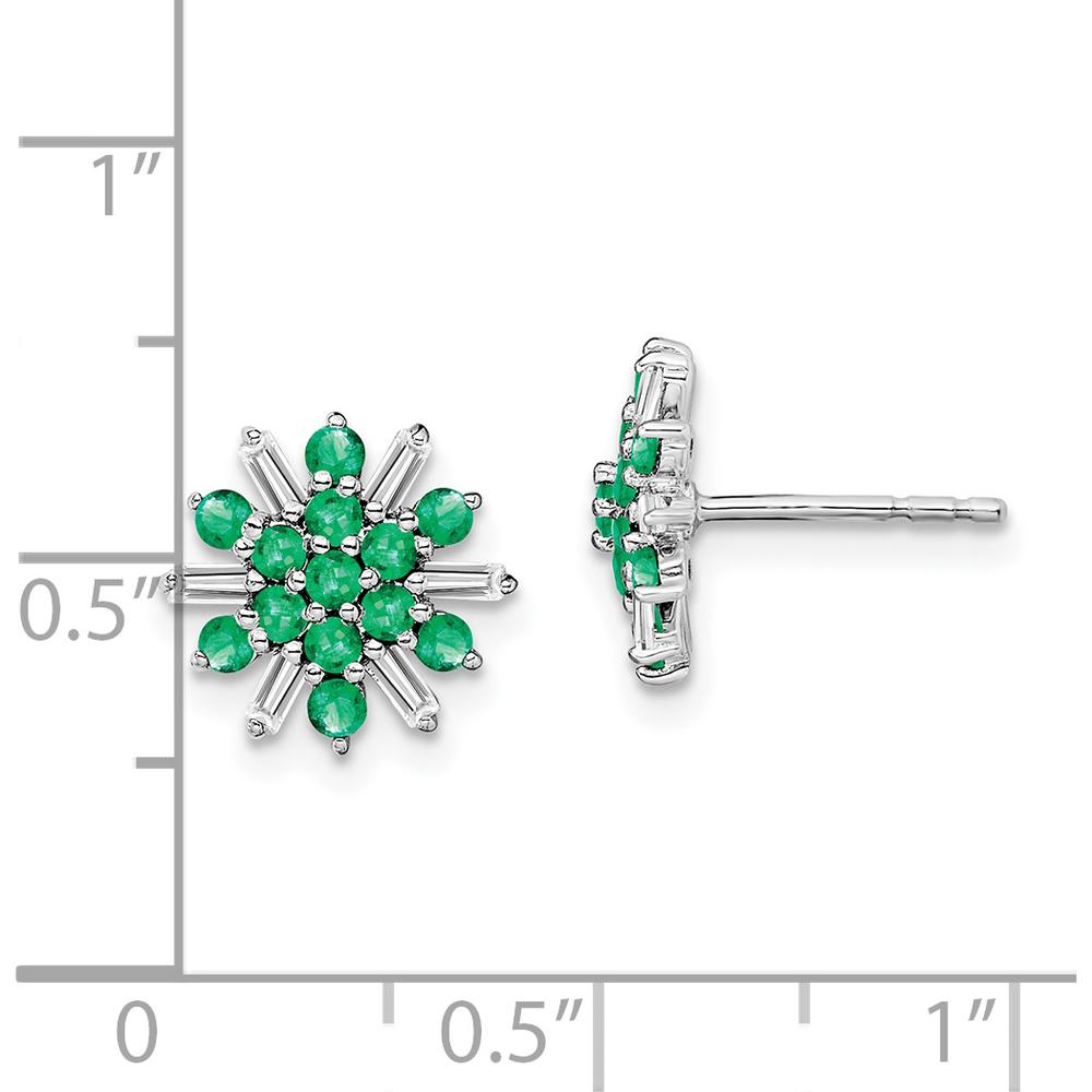 14K White Gold Button Earrings with Round Emeralds and Baguette Diamonds - 0.022 Carat Total Emerald Weight, 0.015 Carat Total Diamond Weight by Monteluci Fine Jewelry