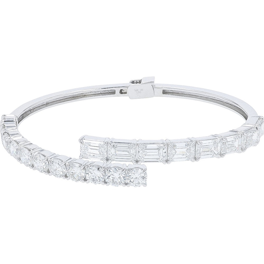 14K White Gold Bypass Bangle Bracelet with Emerald-Cut and Round Lab Grown Diamonds - 14.00 Carat Total Diamond Weight
