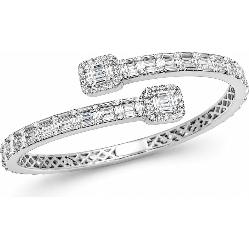 14K White Gold Bypass Bangle with Baguette and Round Diamond Clusters - 9.78 Carat Total Diamond Weight by Auriventus