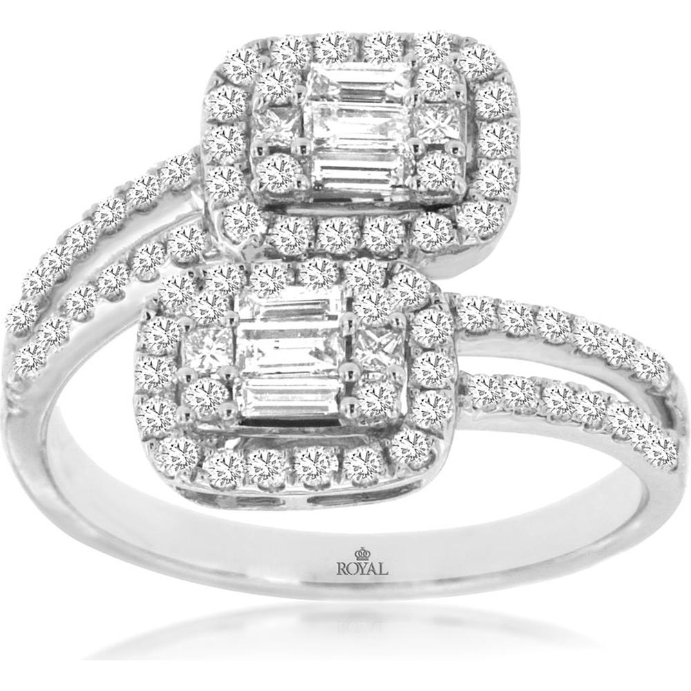 14K White Gold Bypass Diamond Ring with Baguette and Square Cut Diamond Clusters and Halo Detail - 0.86 Carat Total Diamond Weight - Royal Jewelry