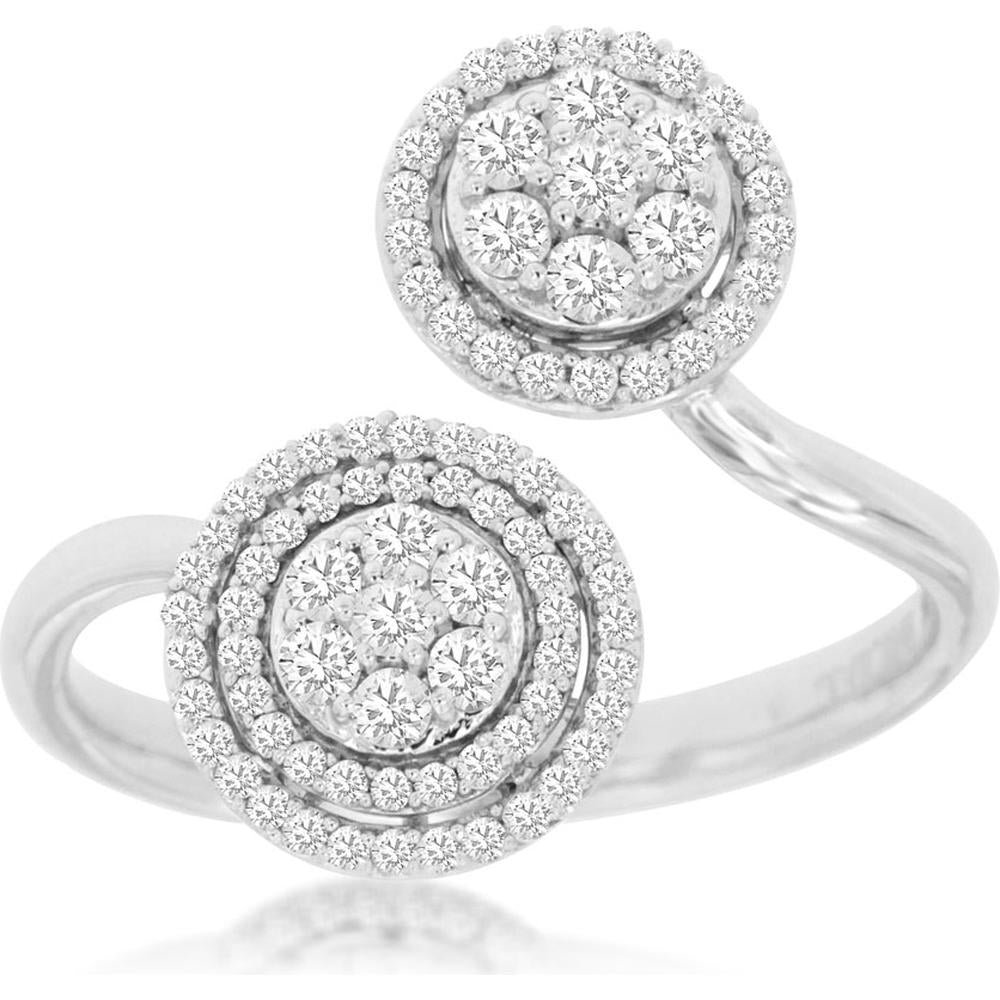 14K White Gold Bypass Double Halo Diamond Cluster Ring with Round Brilliant Diamonds - 0.50 Carat Total Diamond Weight - Royal Jewelry