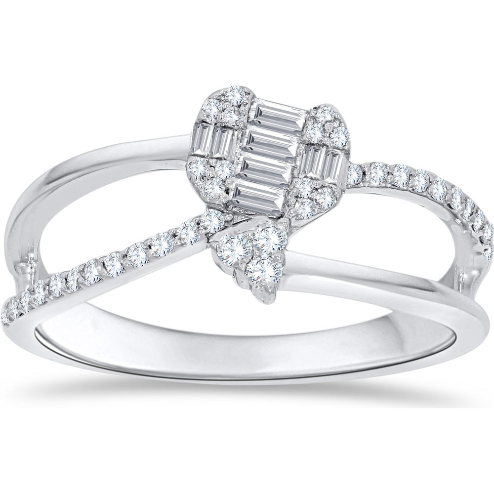 14K White Gold Bypass Fashion Ring with Baguette and Round Diamond Cluster Heart - 0.27 Carat Total Diamond Weight by Auriventus