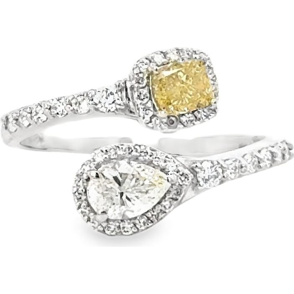 14K White Gold Bypass Fashion Ring with Cushion Cut Fancy Yellow and Pear Shaped White Diamonds - 1.36 Carat Total Diamond Weight by Auriventus