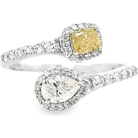 14K White Gold Bypass Fashion Ring with Cushion Cut Fancy Yellow and Pear Shaped White Diamonds - 1.36 Carat Total Diamond Weight by Auriventus