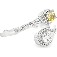 14K White Gold Bypass Fashion Ring with Cushion Cut Fancy Yellow and Pear Shaped White Diamonds - 1.36 Carat Total Diamond Weight by Auriventus
