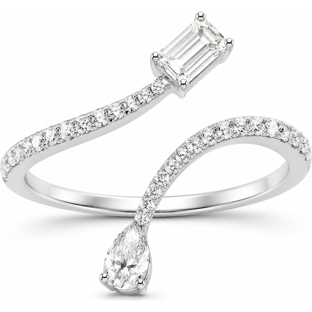 14K White Gold Bypass Fashion Ring with Emerald Cut and Pear Shaped Diamonds - 0.64 Carat Total Diamond Weight by Auriventus
