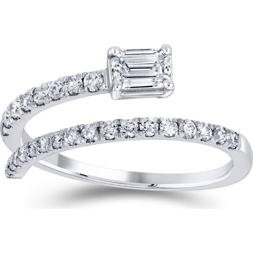 14K White Gold Bypass Fashion Ring with Emerald Cut and Round Diamonds - 0.67 Carat Total Diamond Weight by Auriventus