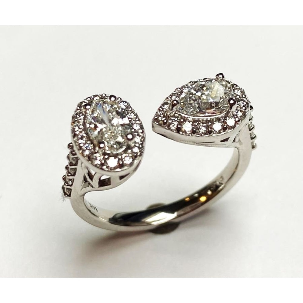 14K White Gold Bypass Fashion Ring with Halo Set Oval and Pear Diamonds - 1.57 Carat Total Diamond Weight by Auriventus