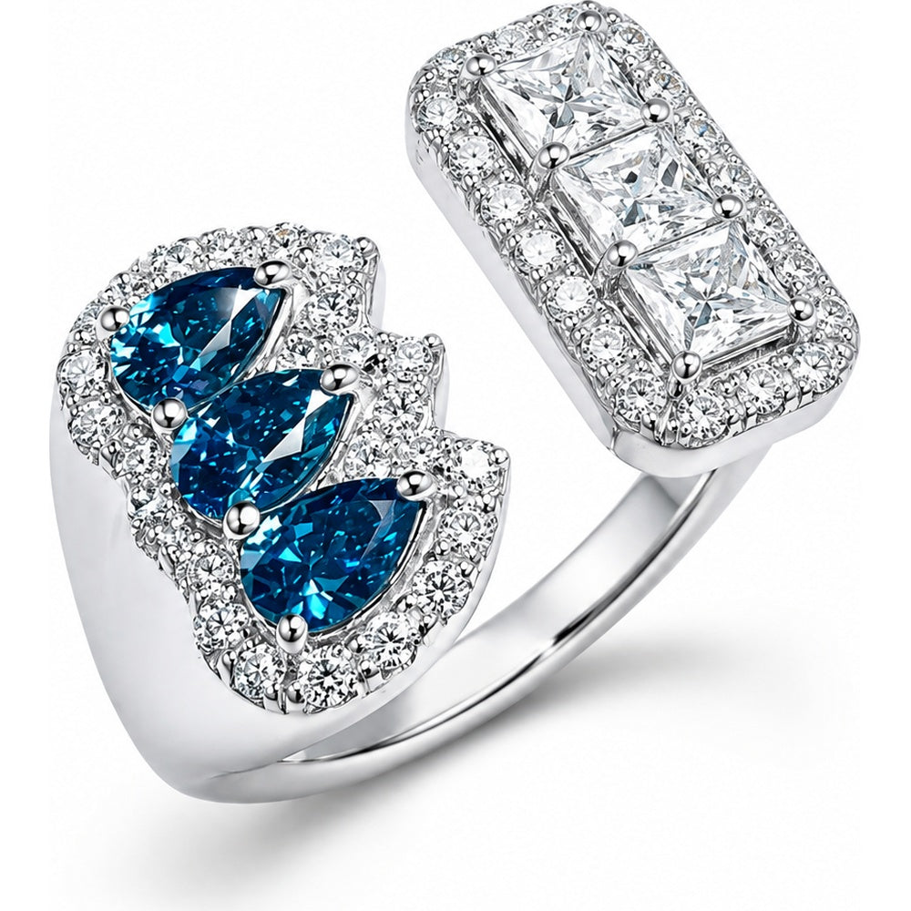 14K White Gold Bypass Fashion Ring with Pear-Shaped Blue Gemstones and Square-Cut Diamonds - 1.46 Carat Total Diamond Weight by Auriventus