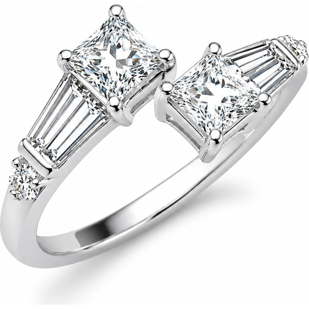 14K White Gold Bypass Fashion Ring with Princess Cut and Baguette Diamonds - 1.17 Carat Total Diamond Weight by Auriventus