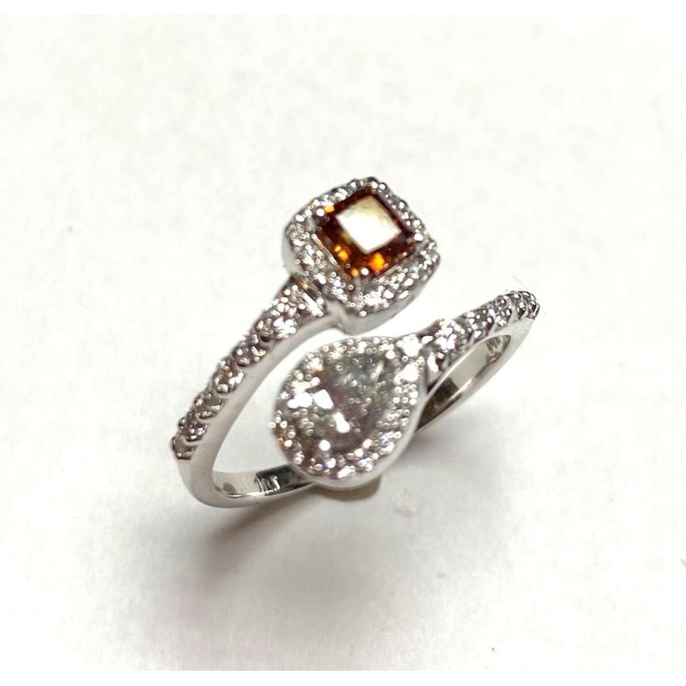 14K White Gold Bypass Fashion Ring with Princess Cut and Pear Shape Diamond Halos - 0.79 Carat Total Diamond Weight by Auriventus