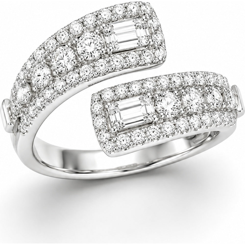14K White Gold Bypass Fashion Ring with Round and Baguette Diamonds - 1.71 Carat Total Diamond Weight by Auriventus
