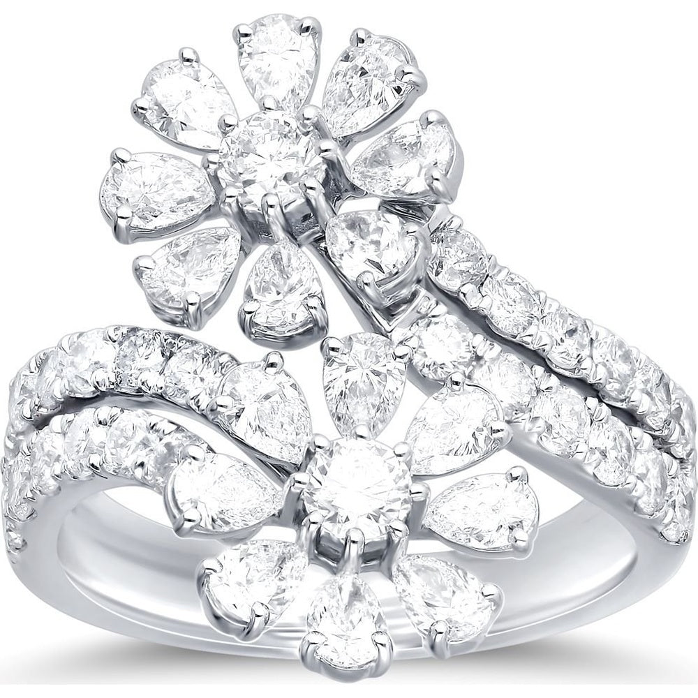 14K White Gold Bypass Floral Ring with Pear and Round Diamonds - 2.97 Carat Total Diamond Weight by Auriventus