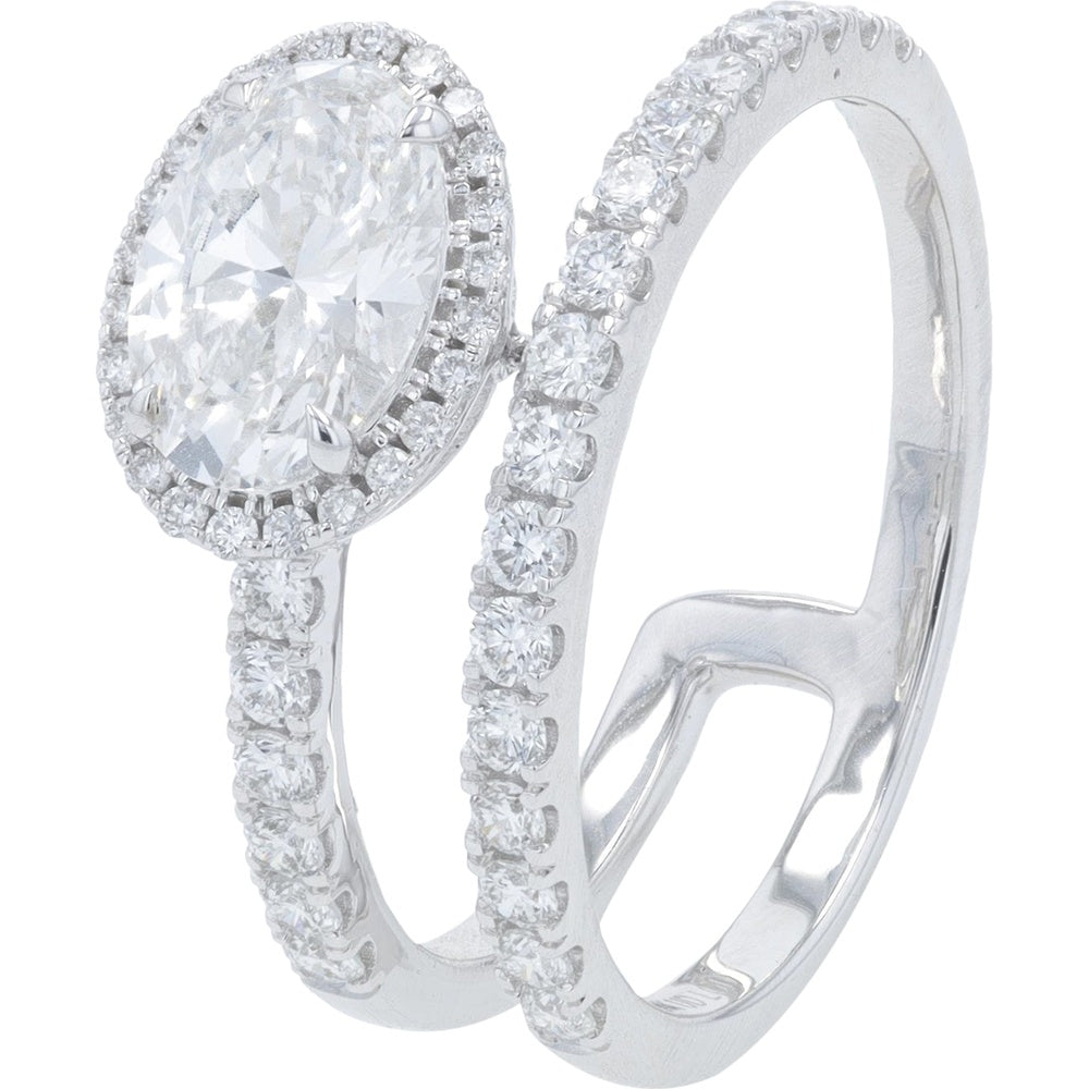 14K White Gold Bypass Halo Ring with Oval Lab Grown Diamond - 1.50 Carat Total Diamond Weight