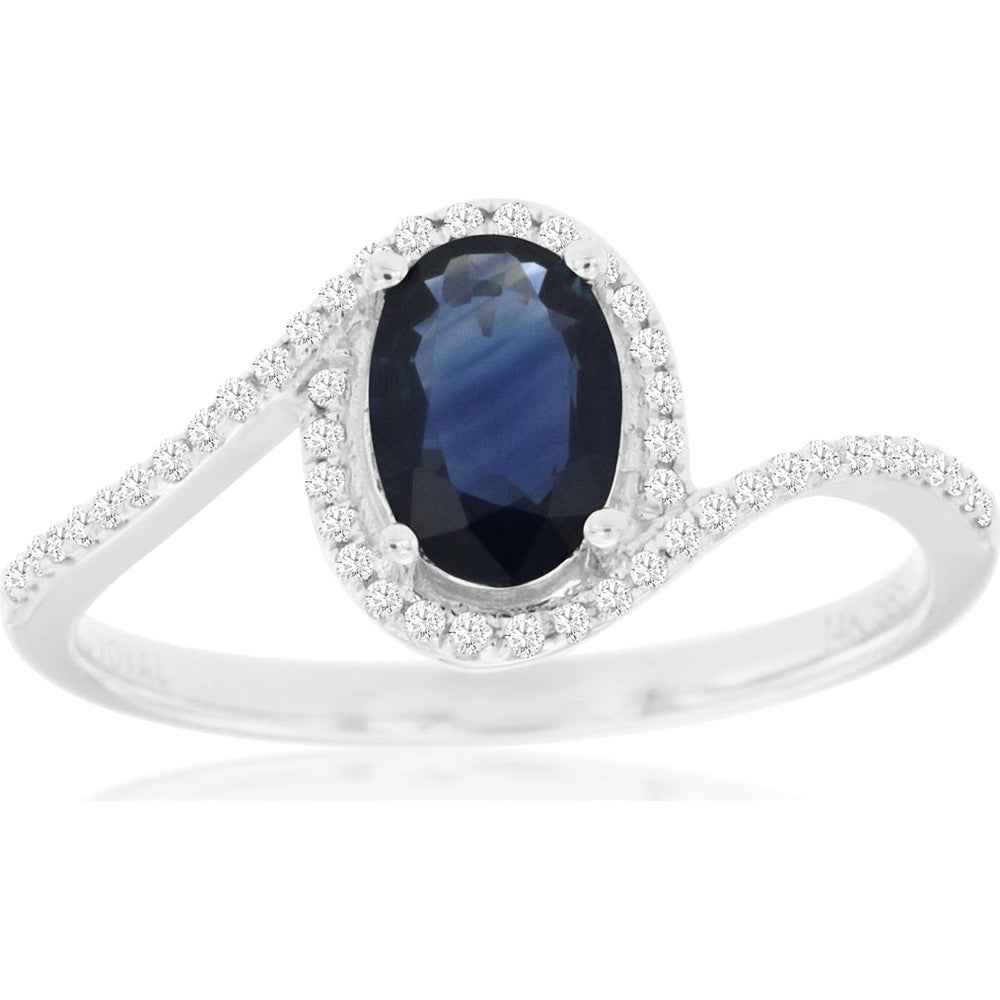 14K White Gold Bypass Halo Ring with Oval Sapphire and Diamond Accents - 1.00 Carat Sapphire and 0.14 Carat Total Diamond Weight - Royal Jewelry