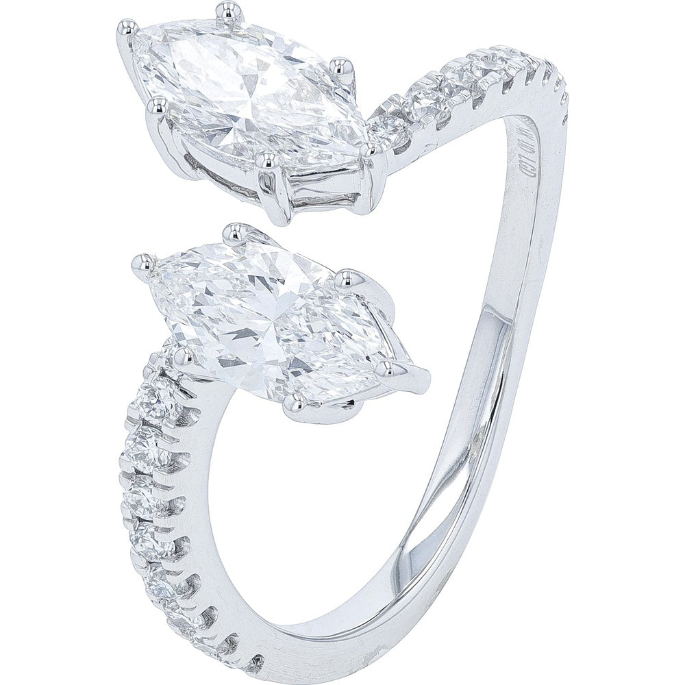 14K White Gold Bypass Ring with 1.33 Carat Total Weight Marquise Cut Lab Grown Diamonds and Pavé Set Diamond Shank