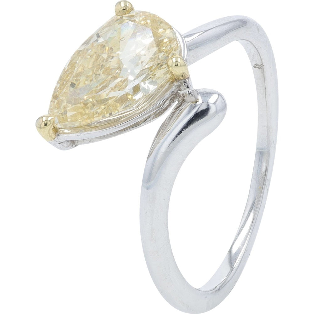 14K White Gold Bypass Ring with 2.00 Carat Pear-Shaped Lab Grown Yellow Diamond and Yellow Gold Prongs