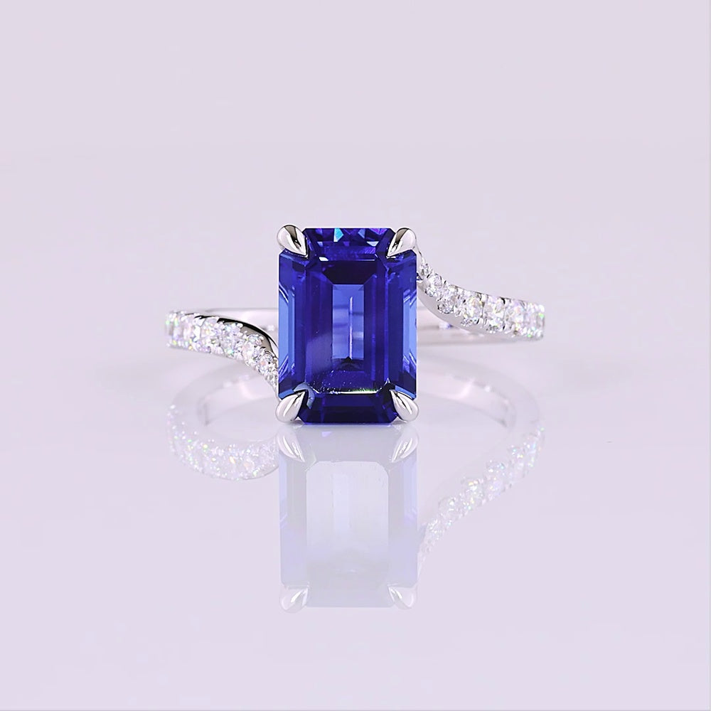14K White Gold Bypass Ring with 3.59 Carat Emerald Cut Blue Lab Sapphire and 0.24 Carat Round Lab Diamond Accents - Total 3.88 Carats - Covaloro Fine Jewelry