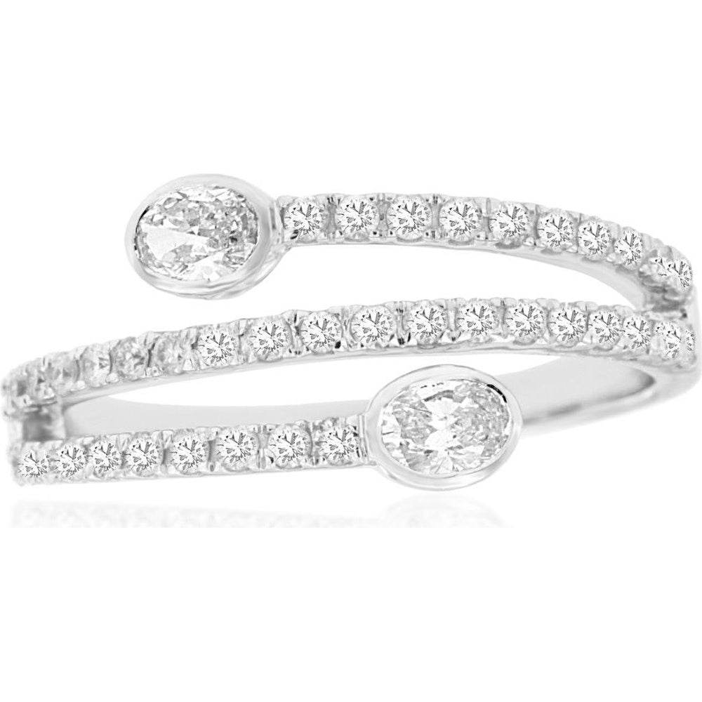 14K White Gold Bypass Ring with Bezel Set Oval Diamonds and Round Diamond Accents - 0.65 Carat Total Diamond Weight - Royal Jewelry