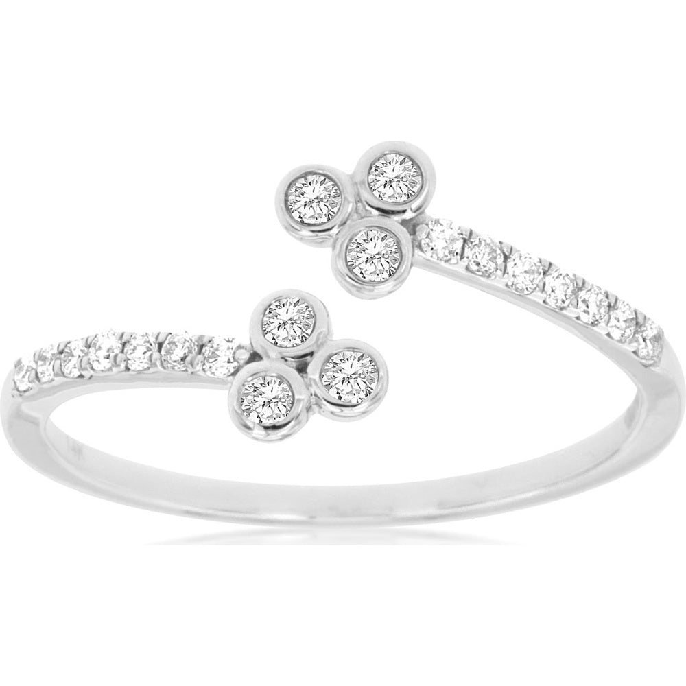 14K White Gold Bypass Ring with Bezel-Set Round Diamond Clusters and Pavé Shoulders - 0.20 Carat Total Diamond Weight - Royal Jewelry