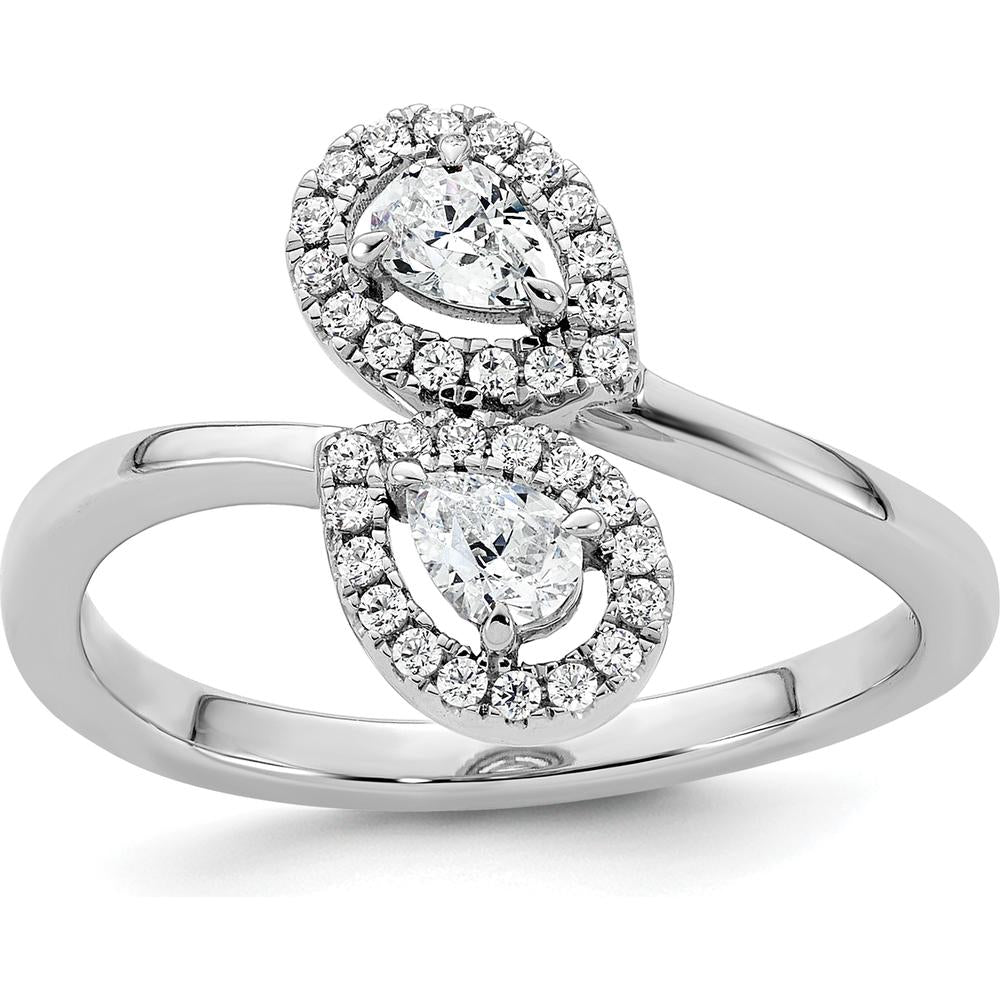 14K White Gold Bypass Ring with Dual Pear-Shaped Diamonds and Halo Accents - 0.40 Carat Total Diamond Weight by 0