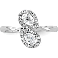 14K White Gold Bypass Ring with Dual Pear-Shaped Diamonds and Halo Accents - 0.40 Carat Total Diamond Weight by 0
