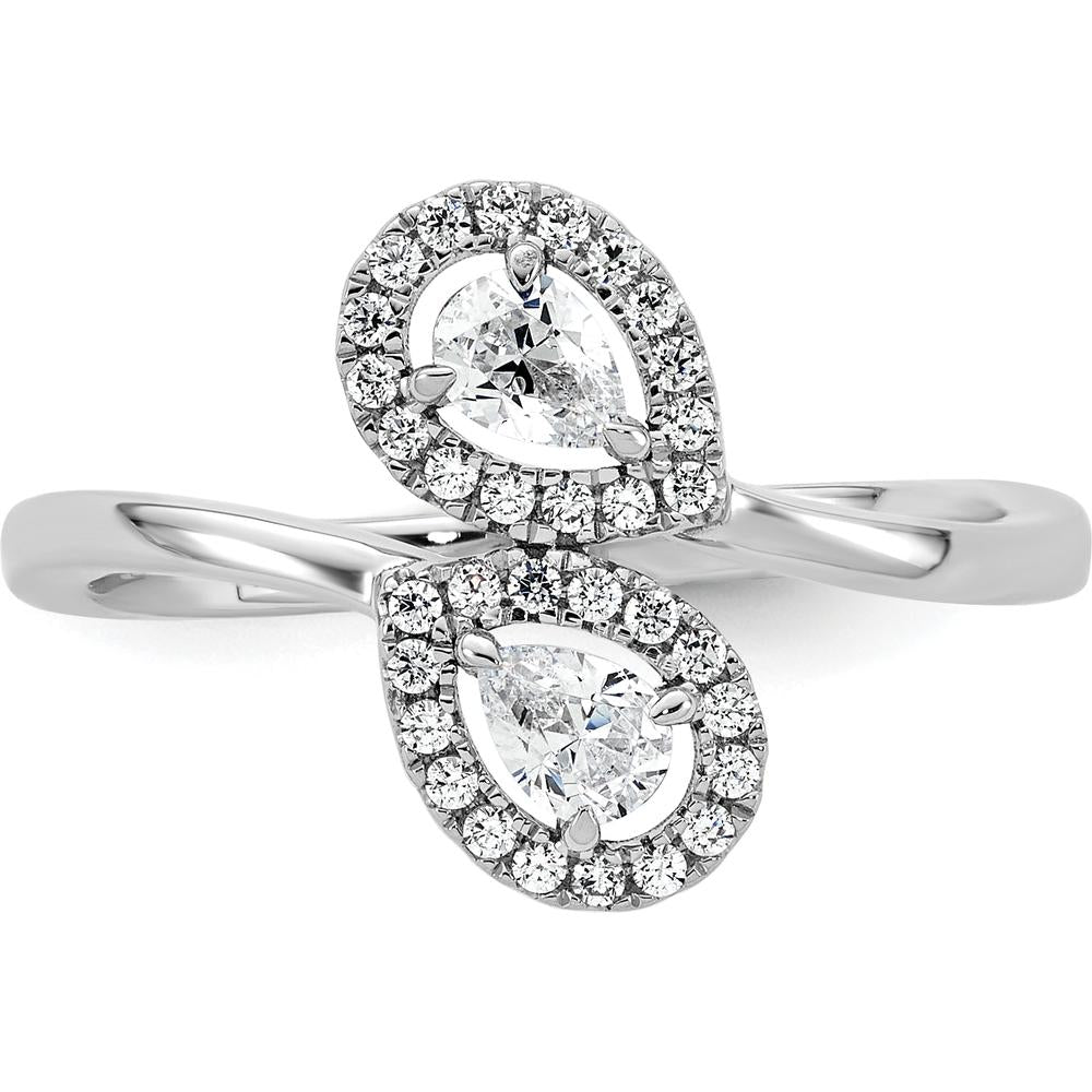 14K White Gold Bypass Ring with Dual Pear-Shaped Diamonds and Halo Accents - 0.40 Carat Total Diamond Weight by 0