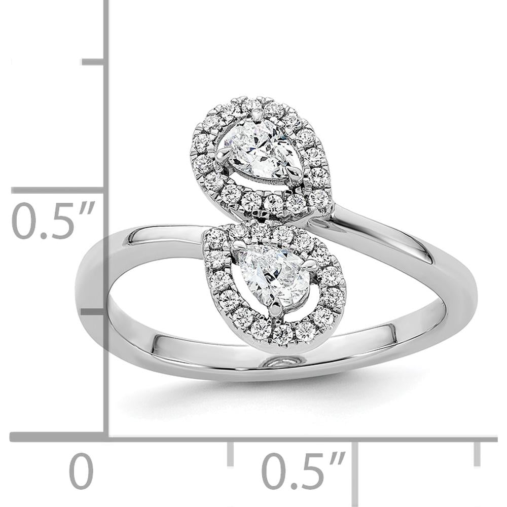 14K White Gold Bypass Ring with Dual Pear-Shaped Diamonds and Halo Accents - 0.40 Carat Total Diamond Weight by 0
