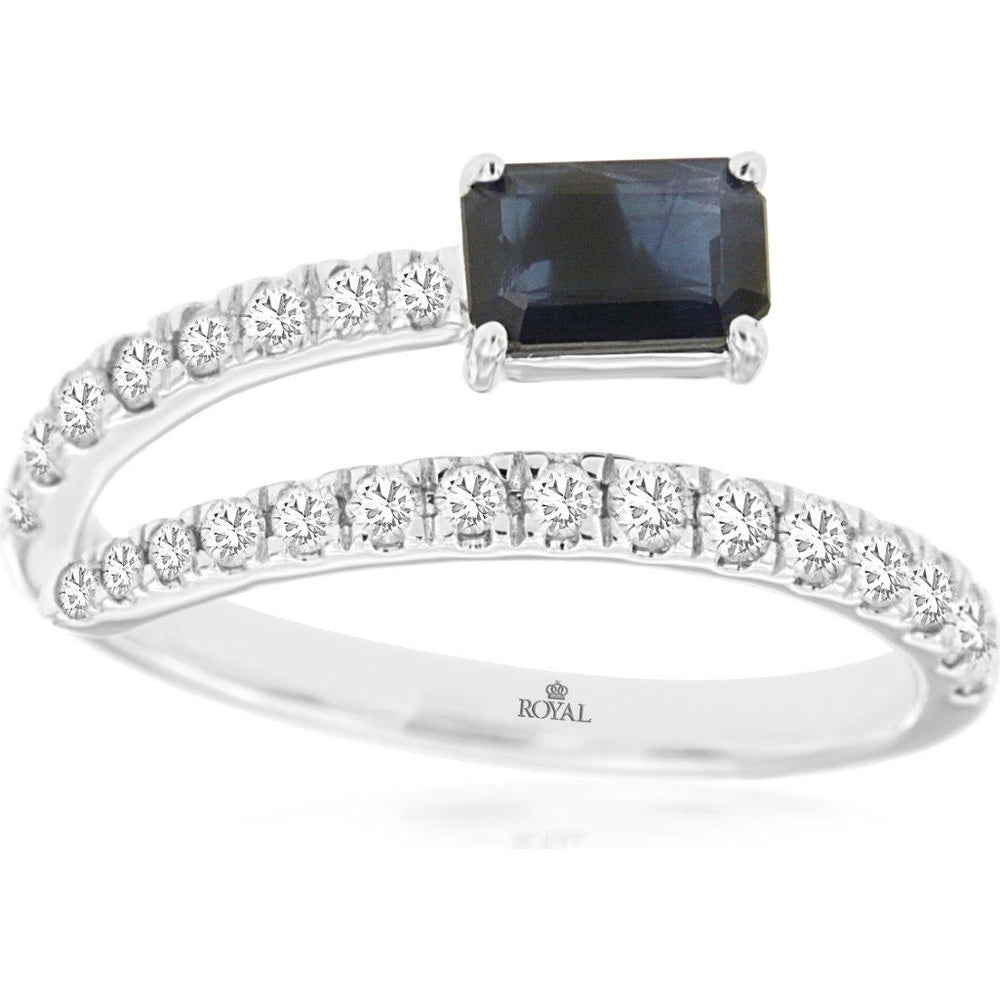 14K White Gold Bypass Ring with Emerald-Cut Sapphire and Round Diamond Accents - 0.70 Carat Sapphire and 0.43 Carat Total Diamond Weight - Royal Jewelry