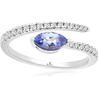 14K White Gold Bypass Ring with Marquise Cut Tanzanite and Round Diamond Accents - 0.44 Carat Tanzanite, 0.24 Carat Total Diamond Weight - Royal Jewelry