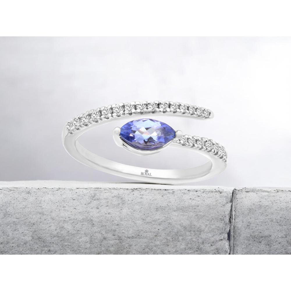 14K White Gold Bypass Ring with Marquise Cut Tanzanite and Round Diamond Accents - 0.44 Carat Tanzanite, 0.24 Carat Total Diamond Weight - Royal Jewelry
