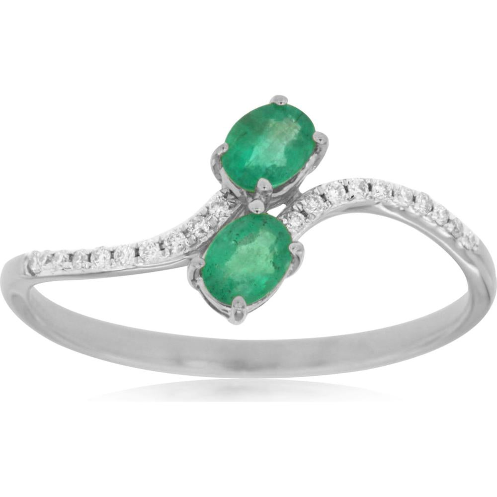 14K White Gold Bypass Ring with Oval Cut Emeralds and Round Diamond Accents - 0.33 Carat Emerald Total Weight, 0.06 Carat Diamond Total Weight - Royal Jewelry